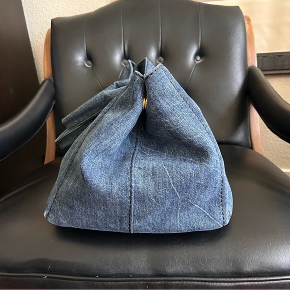 Auth PRADA Canapa Blue Denim Tote Bag gold hardware rolled handle 16”W 11”D 10”H - Picture 3 of 13